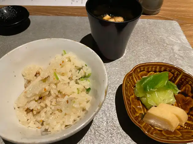 ふふ 河口湖 山のは 大根釜炊き御飯 蟹湯葉餡掛け 三つ葉 山梨県産 武川コシヒカリ使用